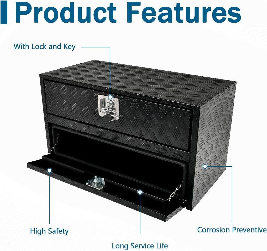 36'' Inch Black Aluminum Underbody Truck Box w/Drawer & Lock T-Handle Latch Key 36 x 18 x 20 Inch Truck Tool Box Job Box For Storage & Organization