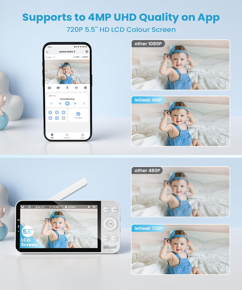 ieGeek 5.5' Baby Monitor,Audio Monitor with 2.5K Ultra HD 2.4G&5Ghz WiFi Camera,Night Light,Face Covering&Cry Detection,Two-Way Talk,Night Vision,Temp&Humidity Sensor,4000mAh Battery,App Control