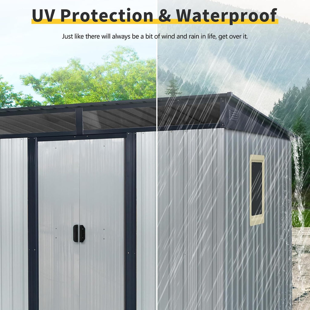 6x8 FT Outdoor Storage Shed, Metal Garden Shed with Frame Floor, Outside Tool Shed with Window, Waterproof Storage Building with Lockable Doors & Sloped Roof for Backyard, Patio, Lawn, White+Black
