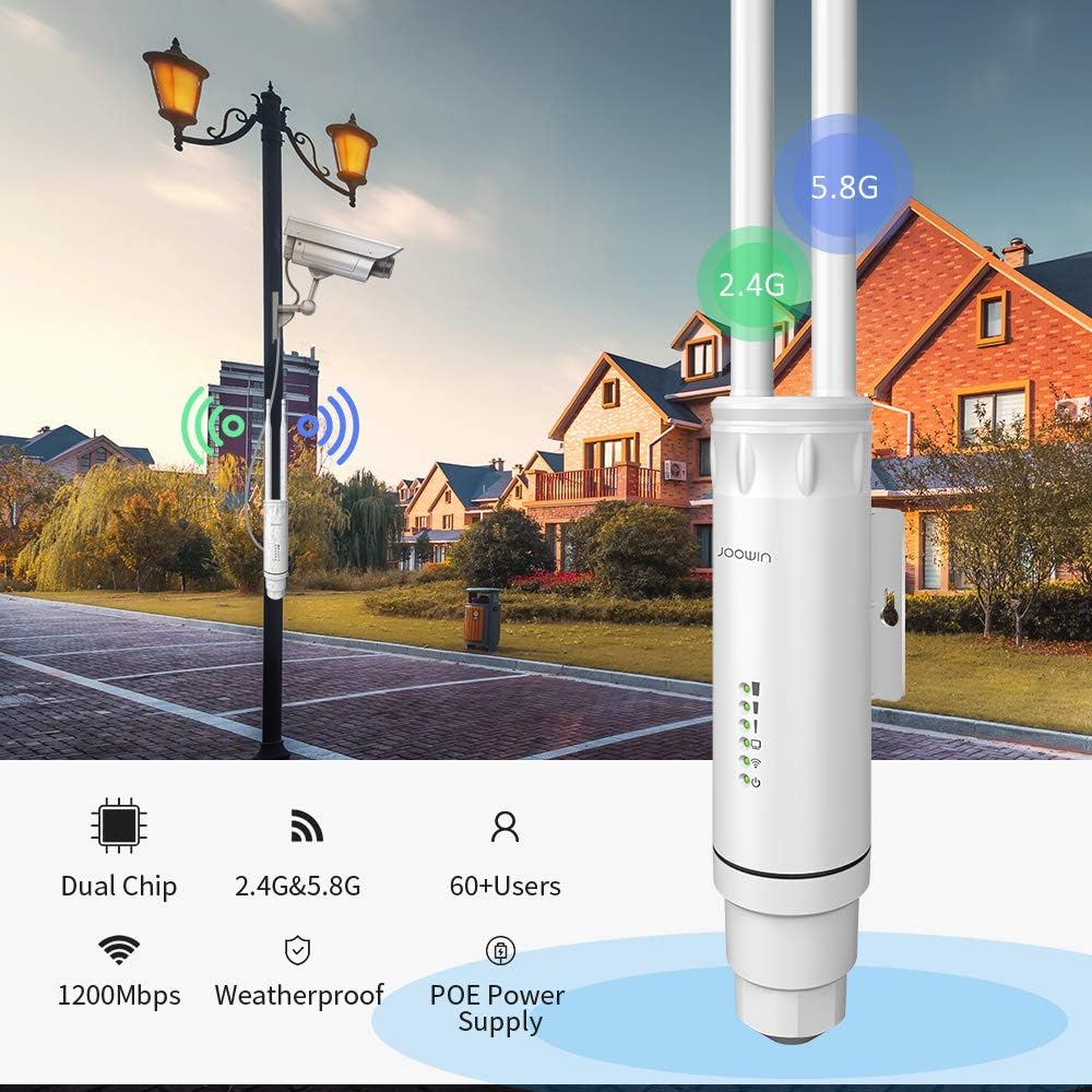 AC1200 High Power Outdoor Wireless Access Point Weatherproof WiFi Range Extender with POE Dual Band 2.4G&5.8GHz 802.11AC Wireless WiFi Access Points/Repeater/Router/Bridge Mode, 2x5dBi Antenna