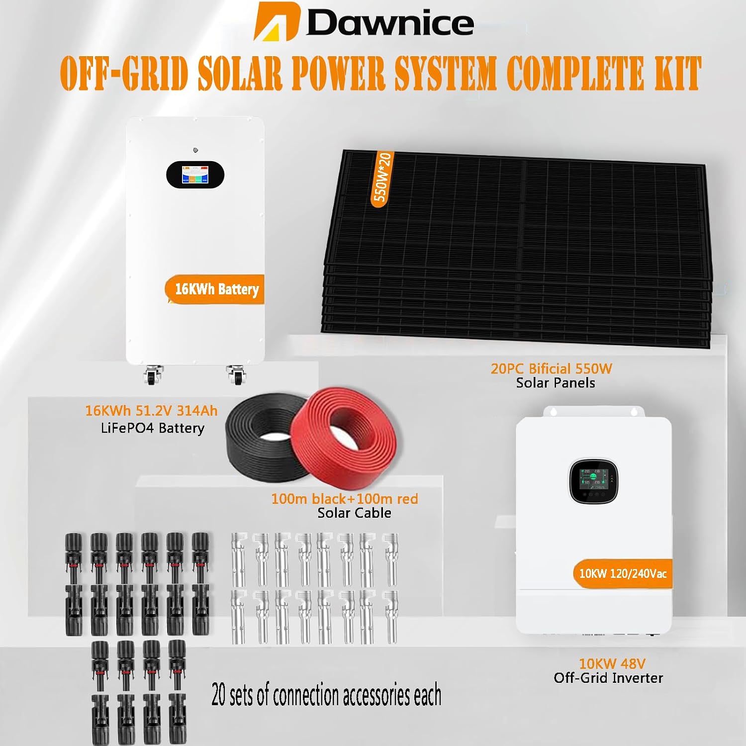 11KW Off-Grid Solar Power System Complete Kit with 20PCS Bificial 550W Solar Panels 10KW Solar Storage Inverter with MPPT Controller 48V 314Ah 16KWh LiFePO4 Battery 120/240Vac