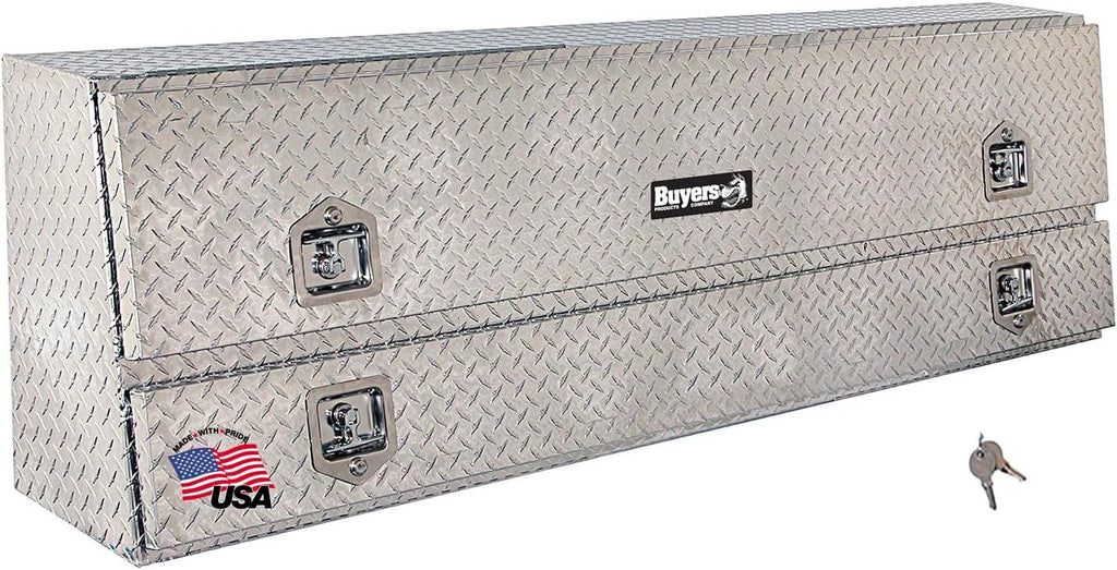 Buyers Products 1705640 21x13x72 Diamond Tread Aluminum Pick Up Truck Contractor Box with Lower Door, Two Tier Storage, Weather Resistant Seals, Locking Latches, No‑Drill Mounting Hardware