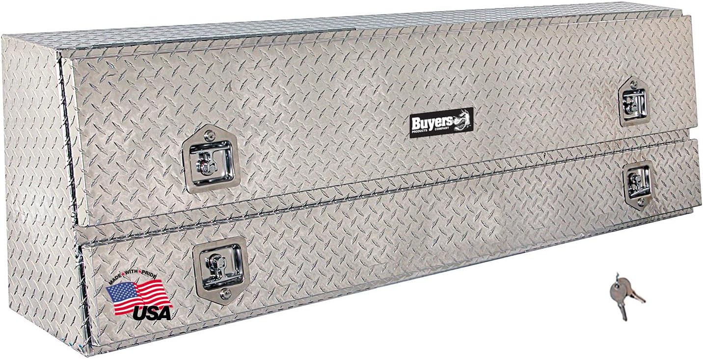 Buyers Products 1705640 21x13x72 Diamond Tread Aluminum Pick Up Truck Contractor Box with Lower Door, Two Tier Storage, Weather Resistant Seals, Locking Latches, No‑Drill Mounting Hardware