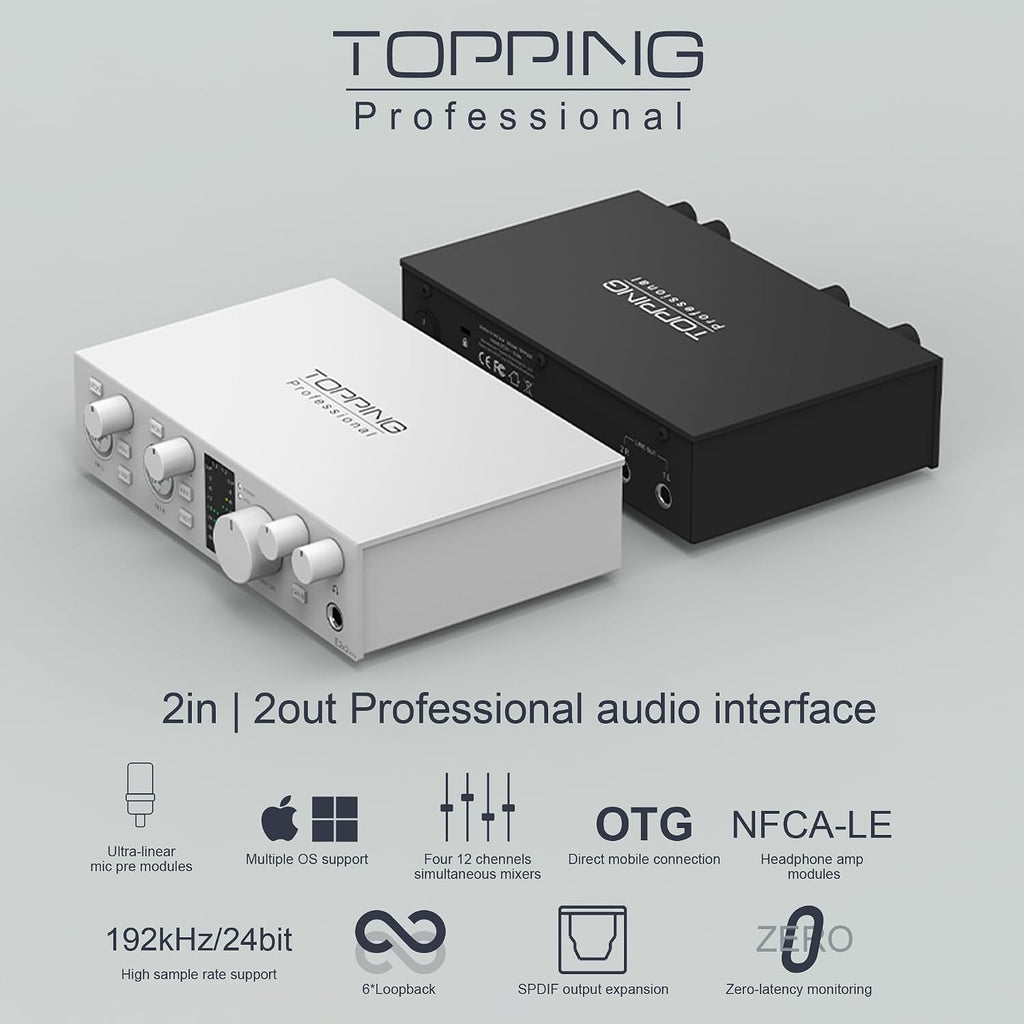 TOPPING E2x2 OTG USB Audio Interface - Ultra-Linear Preamp & Powerful Headphone Amp,Optical Output, Dual Mobile Streaming, Zero-Latency, 192kHz/24bit Recording, PC/Mobile Compatible (Black)
