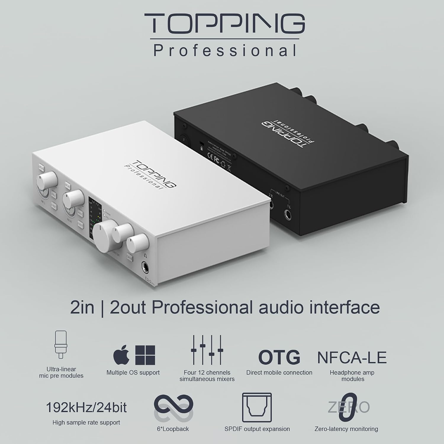 TOPPING E2x2 OTG USB Audio Interface - Ultra-Linear Preamp & Powerful Headphone Amp,Optical Output, Dual Mobile Streaming, Zero-Latency, 192kHz/24bit Recording, PC/Mobile Compatible (Black)