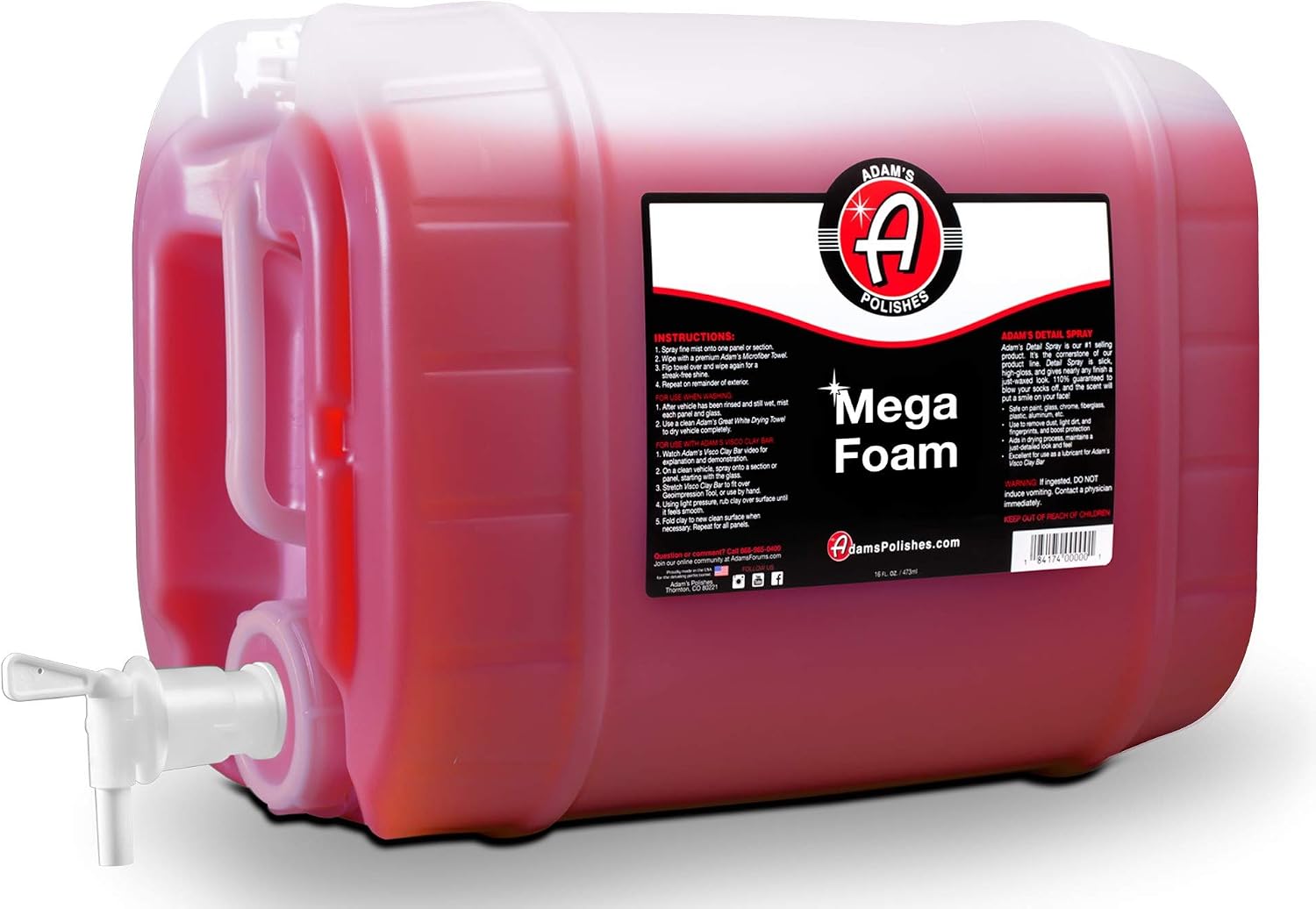 Adam's Mega Foam (5 Gallon) - pH Neutral, Ultra Concentrated for Foam Cannon, Foaming Spray Gun, or Bucket – Safe for Wax, Sealants & Ceramic Coating – High Suds Car Cleaner