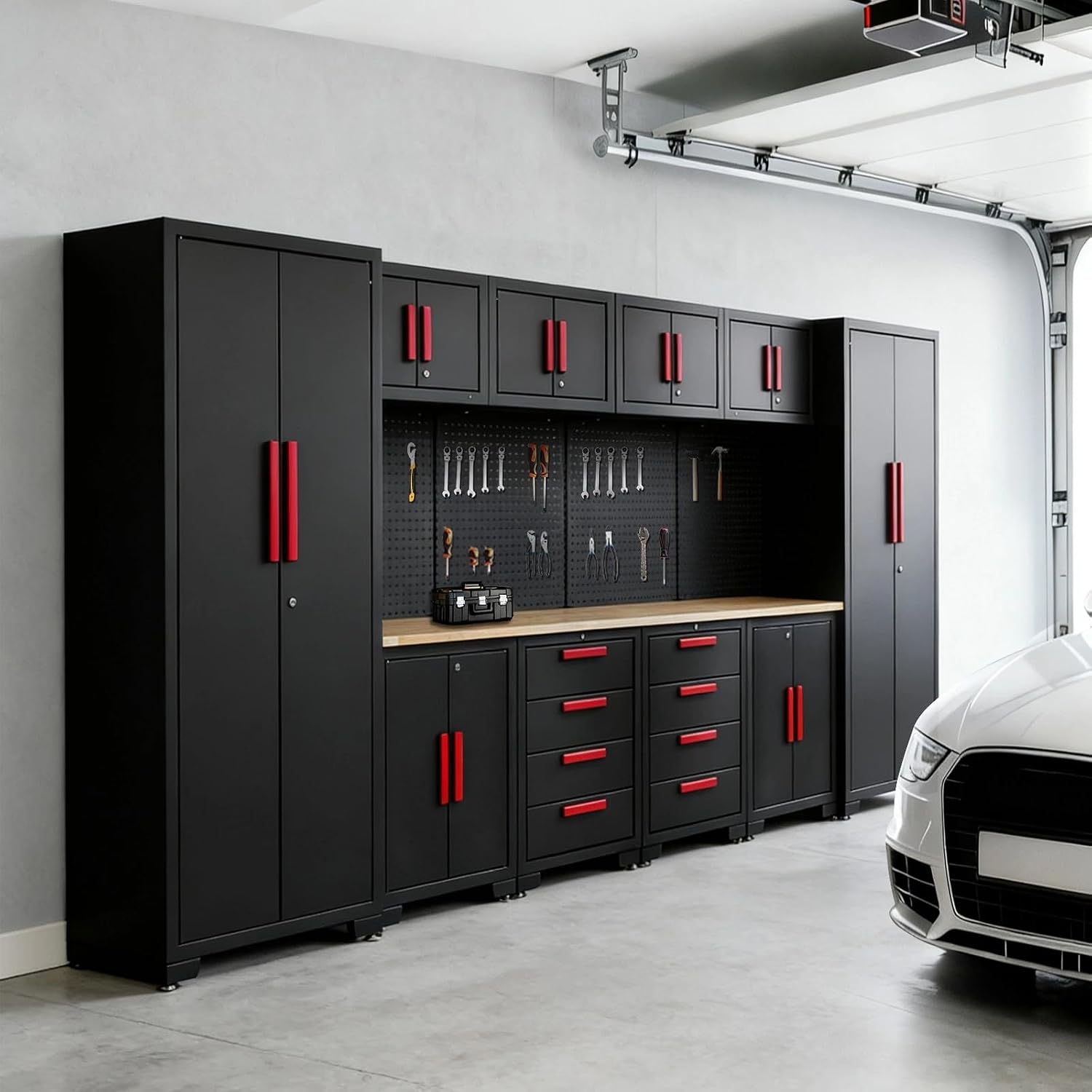 Garage Storage Cabinet System - 2 * 6-Pcs Workshop Set with Steel Cabinet Drawers, Tool Chest, Workbench, Pegboard for Tool Organization