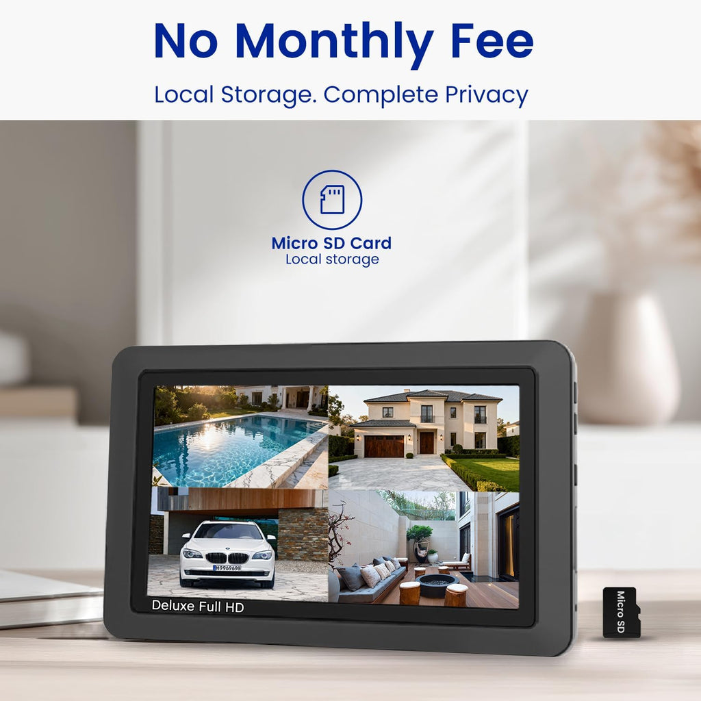 CasaCam Deluxe Wireless Security Camera System | 2 1080p Floodlight Cameras and one 7' Touchscreen Monitor | AC Powered, Two-Way Audio, Free APP, 32GB SD Card and Battery Installed, Model VS5002
