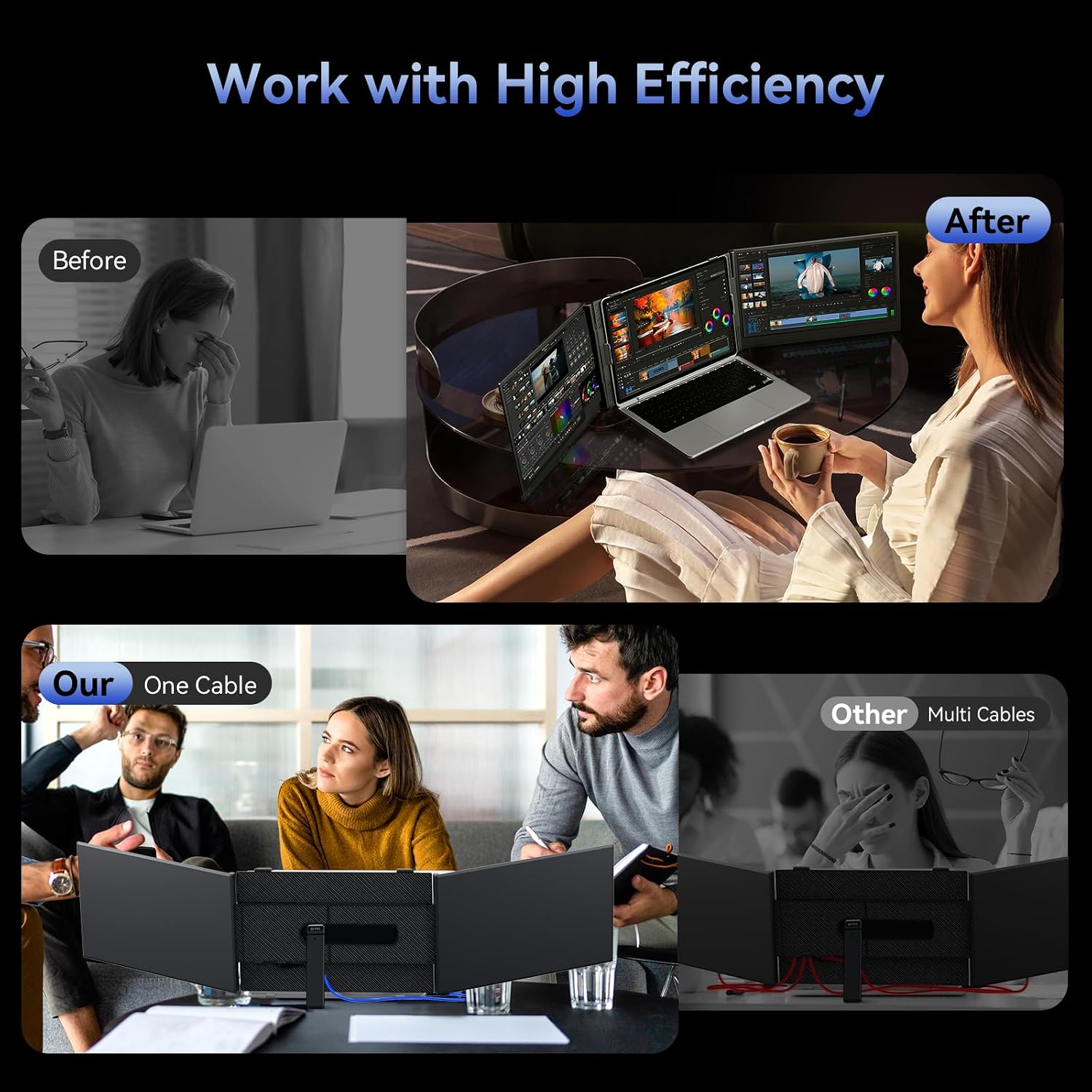 One Cable Connection Triple Laptop Screen Extender - Ultra Thin 14' Monitor IPS FHD 1080P Lightweight Portable Display for 13'-17' Laptops Compatible with Windows Mac Chrome Travel Work Setup