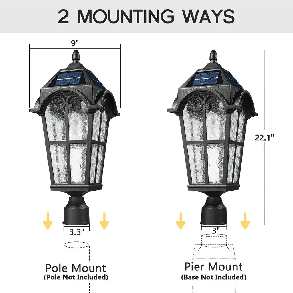 Emliviar Outdoor Solar Lamp Post Light in Black Finish, 22.1' Large Outdoor Lighting with Water Grain Glass Shade for Patio, Vintage Post Lantern LED Bulb Included with Remote Control, YXE302MP-SL BK