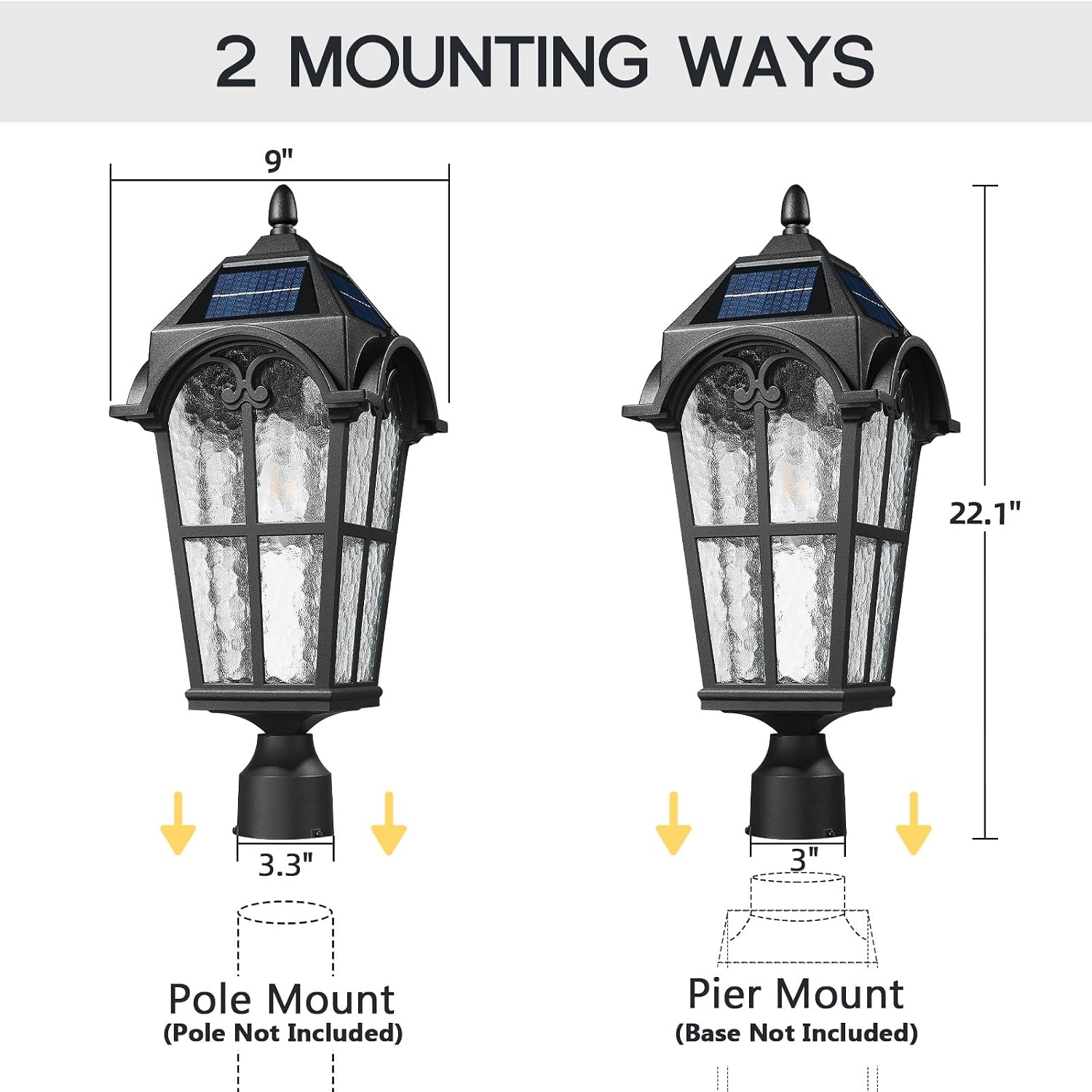 Emliviar Outdoor Solar Lamp Post Light in Black Finish, 22.1' Large Outdoor Lighting with Water Grain Glass Shade for Patio, Vintage Post Lantern LED Bulb Included with Remote Control, YXE302MP-SL BK