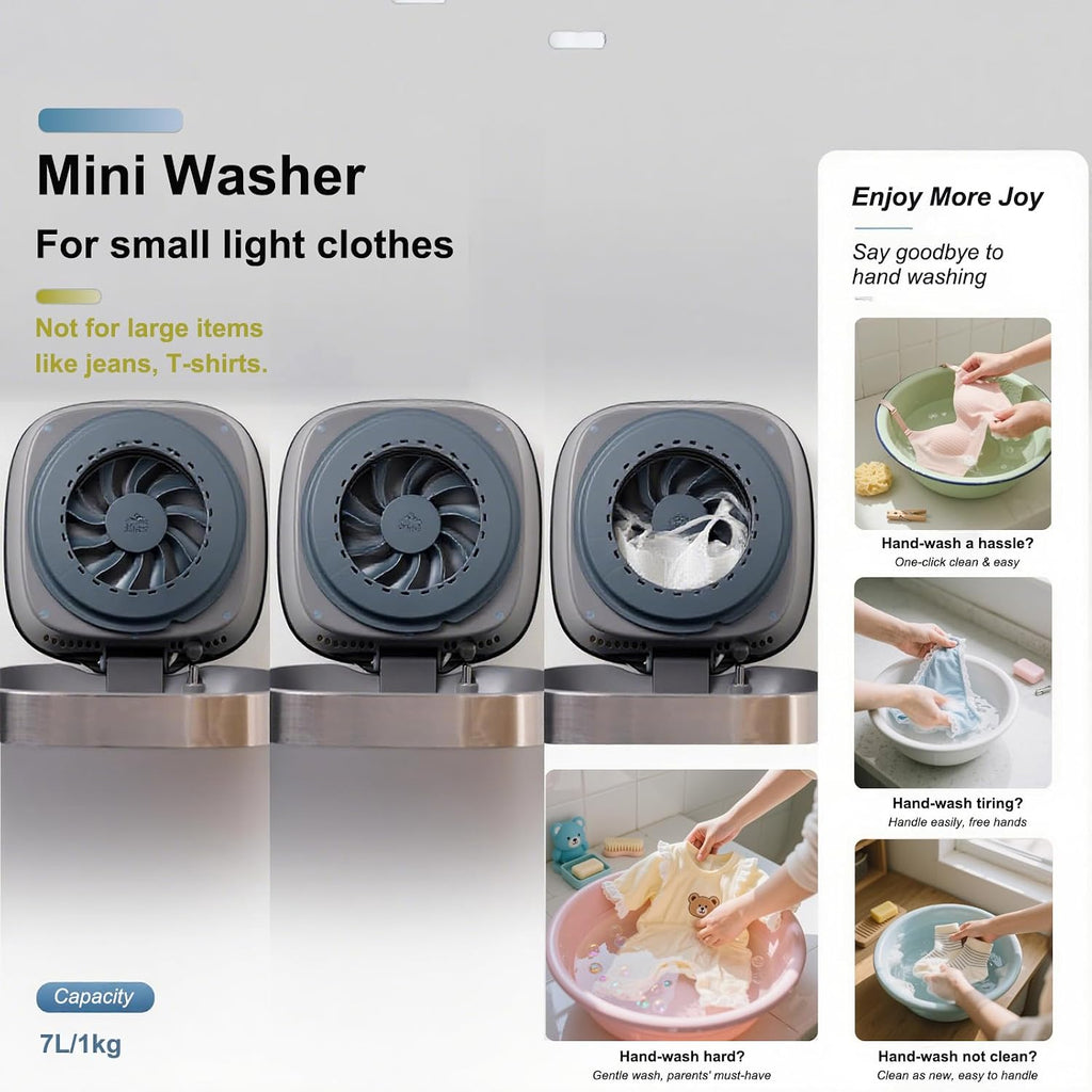 Auto Mini Washing Machine for Underwear, Socks & Delicates - 7L(1kg) Capacity with Heat Dry & Ozone Care System, Built-in Drain/Spin Functions