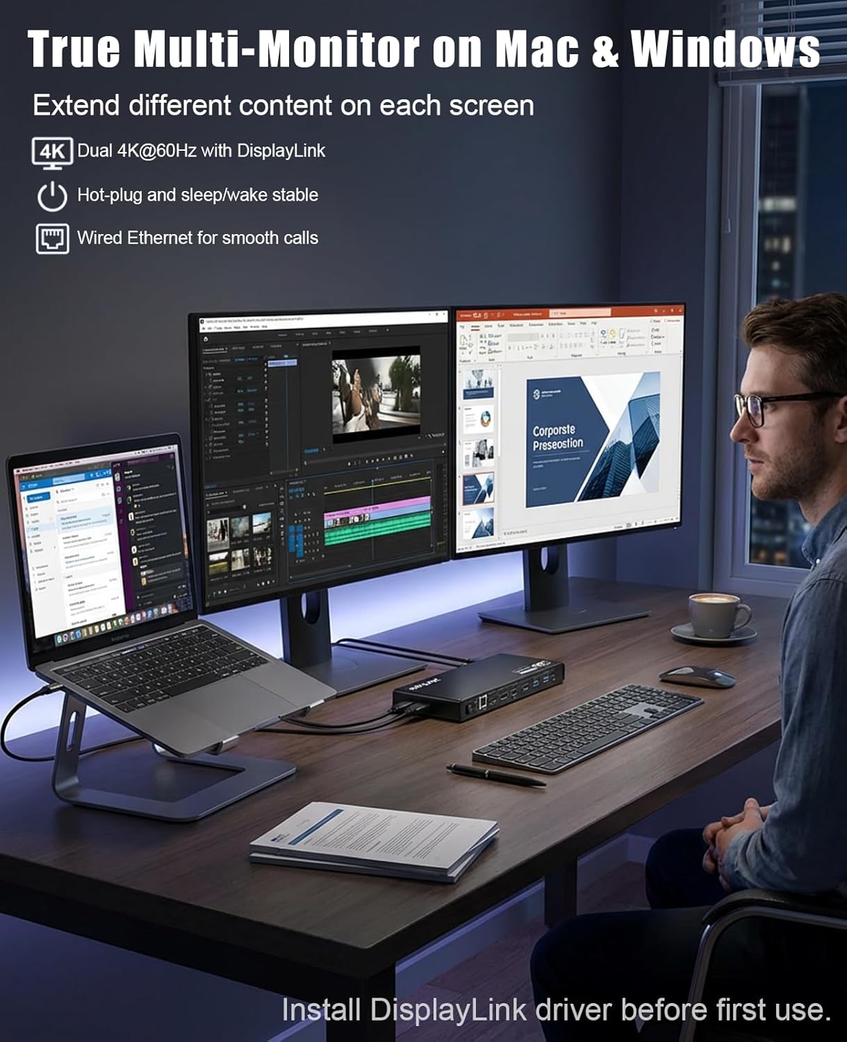 WAVLINK Pro Dual 4K@60Hz Universal Docking Station | USB 3.0/USB-C Laptop Dock for Mac (M1-M5, Neo) & Windows | 2 HDMI/DP, Gigabit Ethernet, USB 3.0 | Home Office & Multi-Screen Productivity.