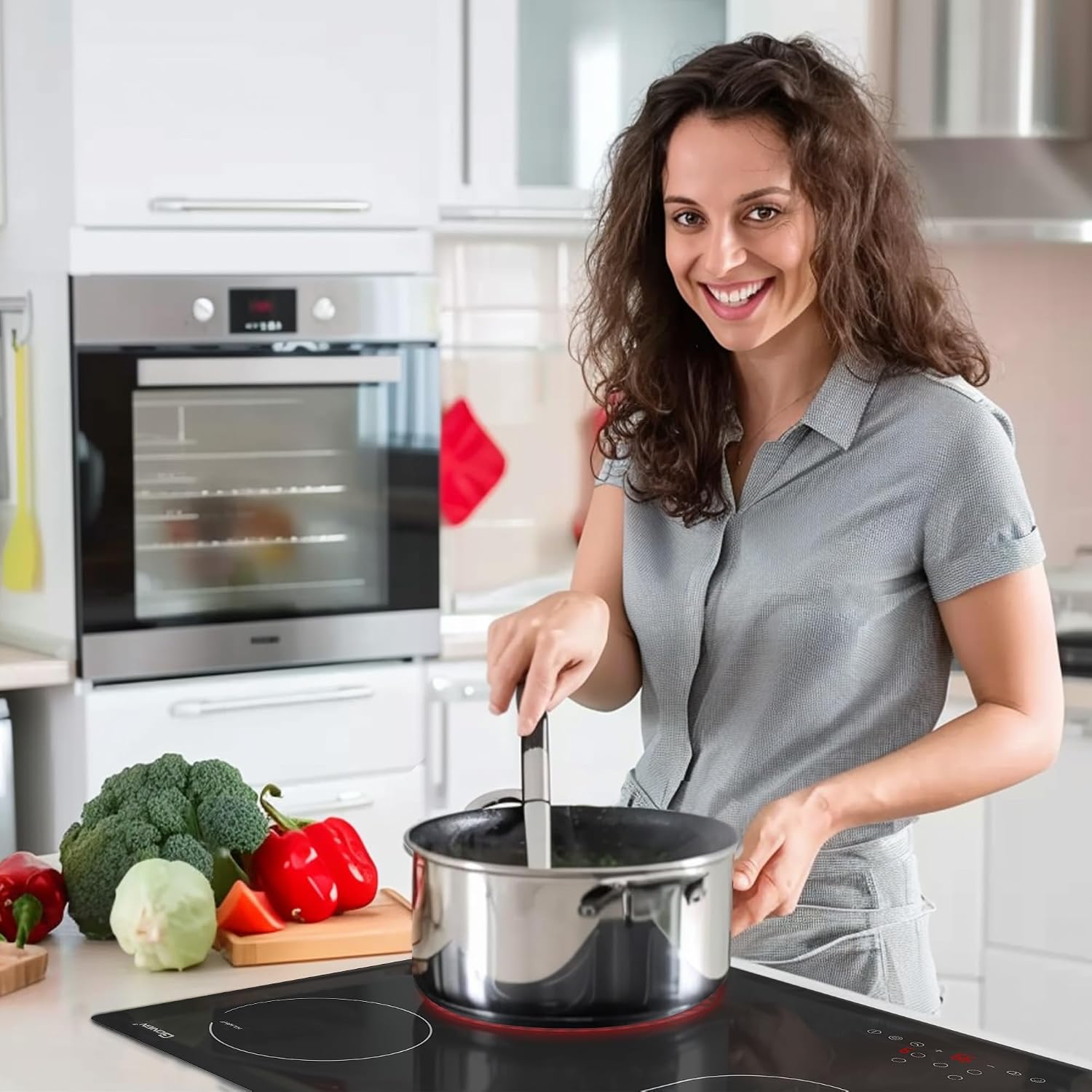 Electric Cooktop 36 Inch 5 Burners,220~240V,Built in Electric Stove Top,8400W Radiant Ceramic Cooktop with Hardwired,Touch Control,Child Lock,Dual-Ring Heating,Expandable Zones