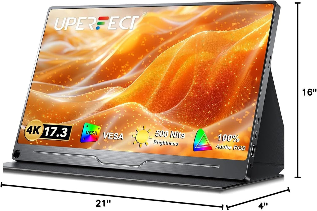 UPERFECT 17.3'' 4K Portable Monitor QLED, 600 Nits 150% sRGB UHD FreeSync HDR 2 Speakers Eye Care Travel Monitor, 2 Fully Functional Type-C Port & HDMI for Laptop PC Phone, VESA & Stand