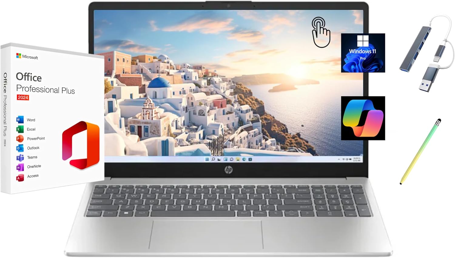 HP 2025 15.6' HD Touchscreen Laptop, Free Lifetime Microsoft Office 2024, Intel Core i3-1315U (Beats i5-1135G7), 8GB RAM, 256GB SSD, Windows 11 Pro, Natural Silver, Copilot, with USB Hub&Stylus Pen