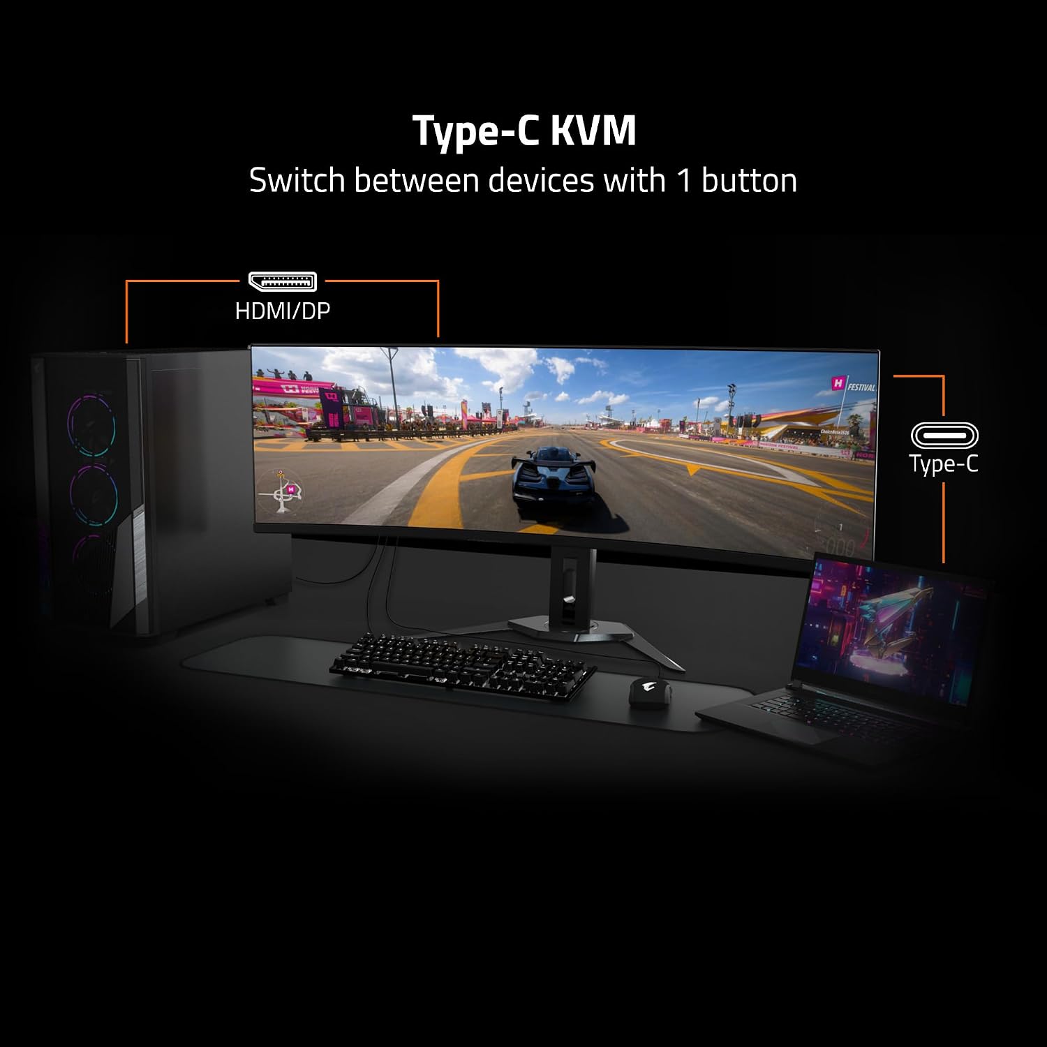 GIGABYTE - AORUS CO49DQ - 49' QD OLED - 5120x1440 DQHD 32:9-1800R - 144Hz - 0.03ms GTG - AMD FreeSync Premium Pro - Super Ultrawide - KVM - HDMI, DP, Type C - Height Adjustable - Black