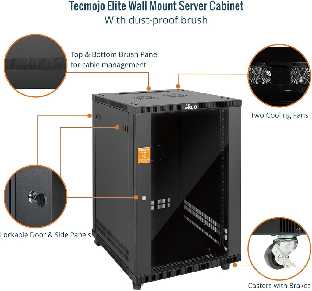 Tecmojo 18U Wall Mount Rack,18U Rack 23.6 Inch Depth,Hold Up to 176 Lbs,Server Rack with Casters,Enclosed Network Cabinet for 19 Inch Network,Server and AV Gear,Glass Door(Elite Collection)