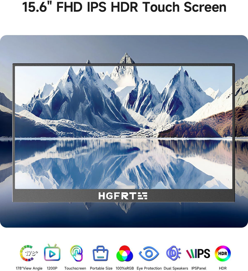 Portable Monitor Touchscreen 15.6', 1920x1080 60Hz FHD IPS HDR 10-Point Touch Screen Monitor with Built-in Stand & Speaker, HDMI USB C VESA External Travel Monitors for Laptop, PC, Mac, Phone