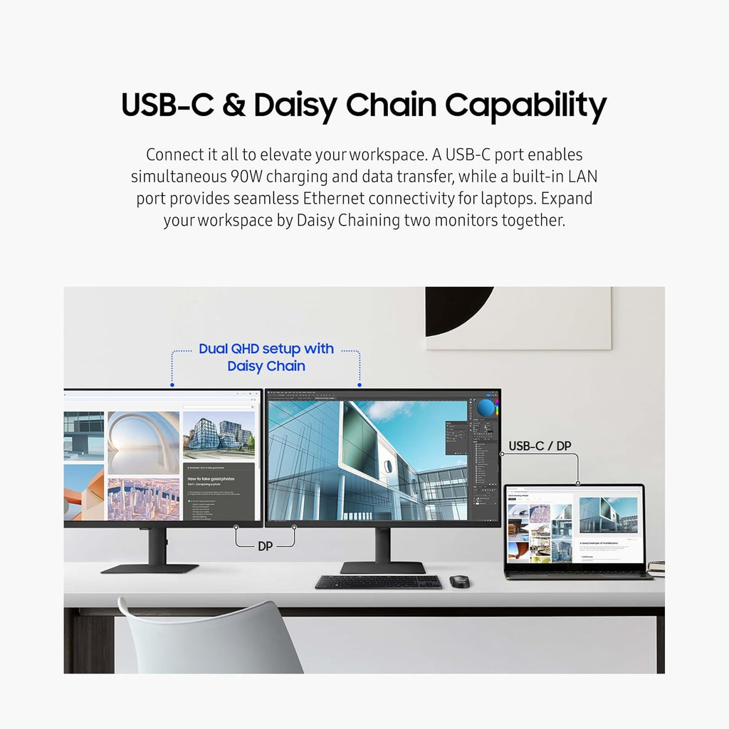SAMSUNG 24' ViewFinity S6 (S60UD) Series QHD High Resolution Computer Monitor, 100Hz, HDR10, USB-C, Built-In LAN Port, Daisy Chain Support, Easy Setup, Height Adjustable Stand, LS24D606UANXZA, 2024