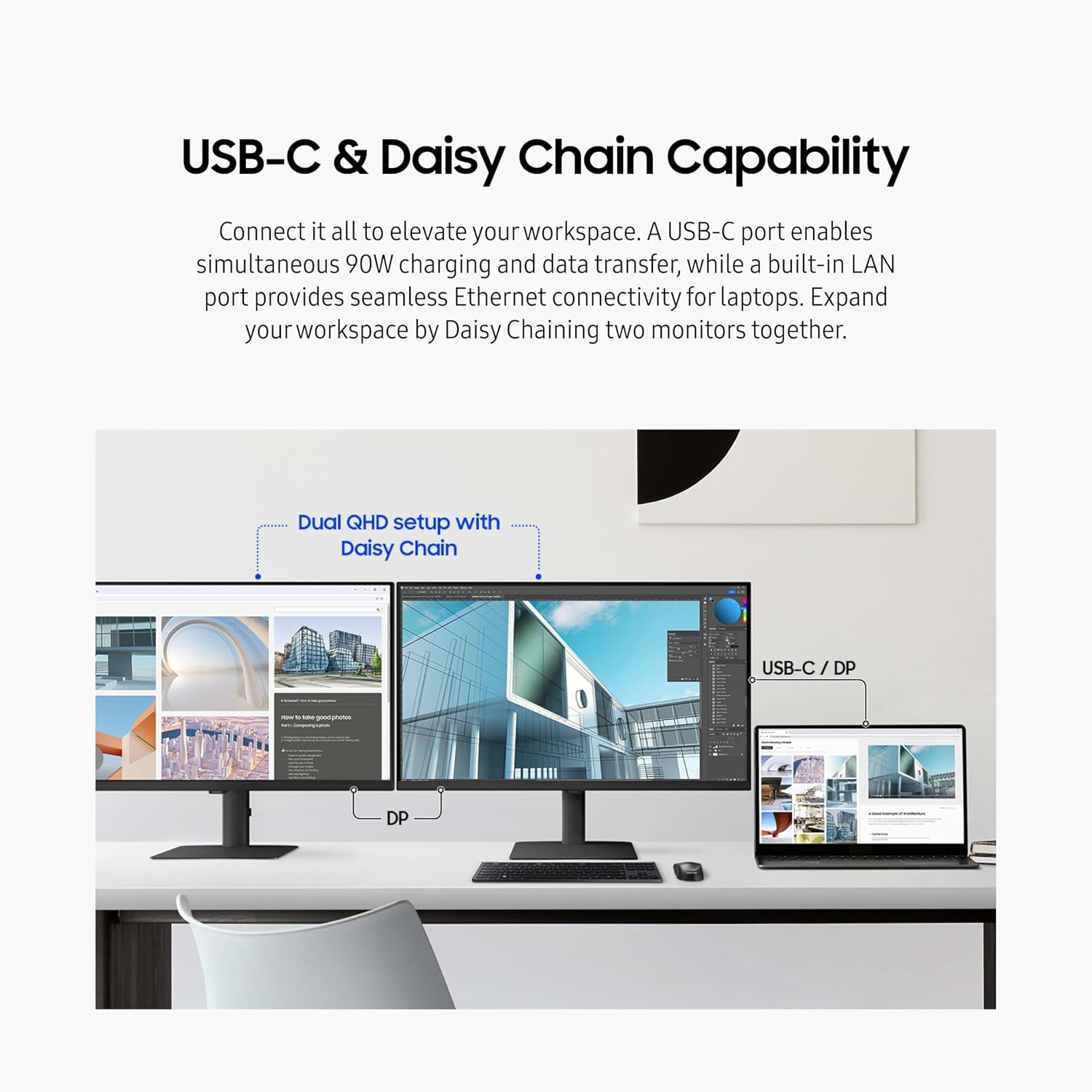 SAMSUNG 24' ViewFinity S6 (S60UD) Series QHD High Resolution Computer Monitor, 100Hz, HDR10, USB-C, Built-In LAN Port, Daisy Chain Support, Easy Setup, Height Adjustable Stand, LS24D606UANXZA, 2024