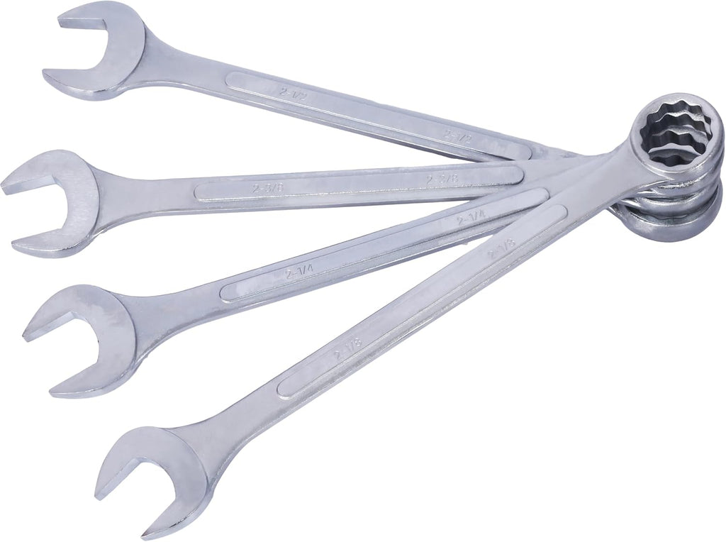 4PC Jumbo Combination Wrench Set, SAE 2-1/8'–2-1/2', Durable Carbon Steel, Chrome Plated Finish for Corrosion Resistance, Includes Storage Bag