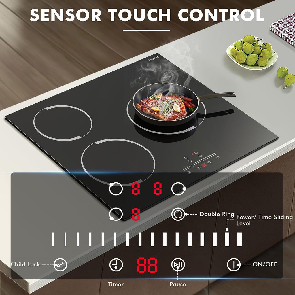 Electric Cooktop 24 Inch - 3 Burner Bulit-in Electric Ceramic Cooktop, Radiant Ceramic Stovetop with 9 Heating Level, Timer, Safety Lock, 5200W 220-240V Hard Wire Sensor Touch Control(No Plug)