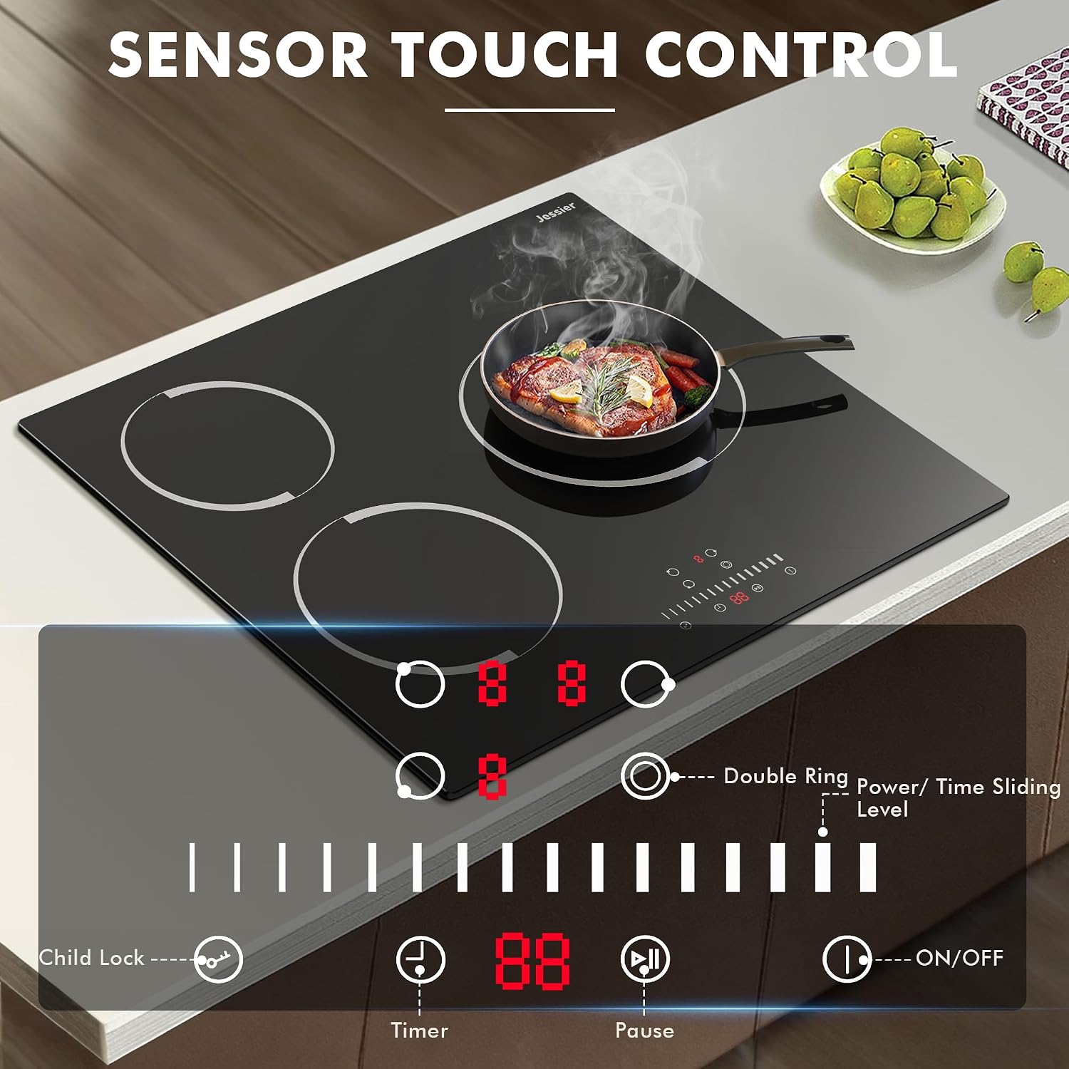 Electric Cooktop 24 Inch - 3 Burner Bulit-in Electric Ceramic Cooktop, Radiant Ceramic Stovetop with 9 Heating Level, Timer, Safety Lock, 5200W 220-240V Hard Wire Sensor Touch Control(No Plug)