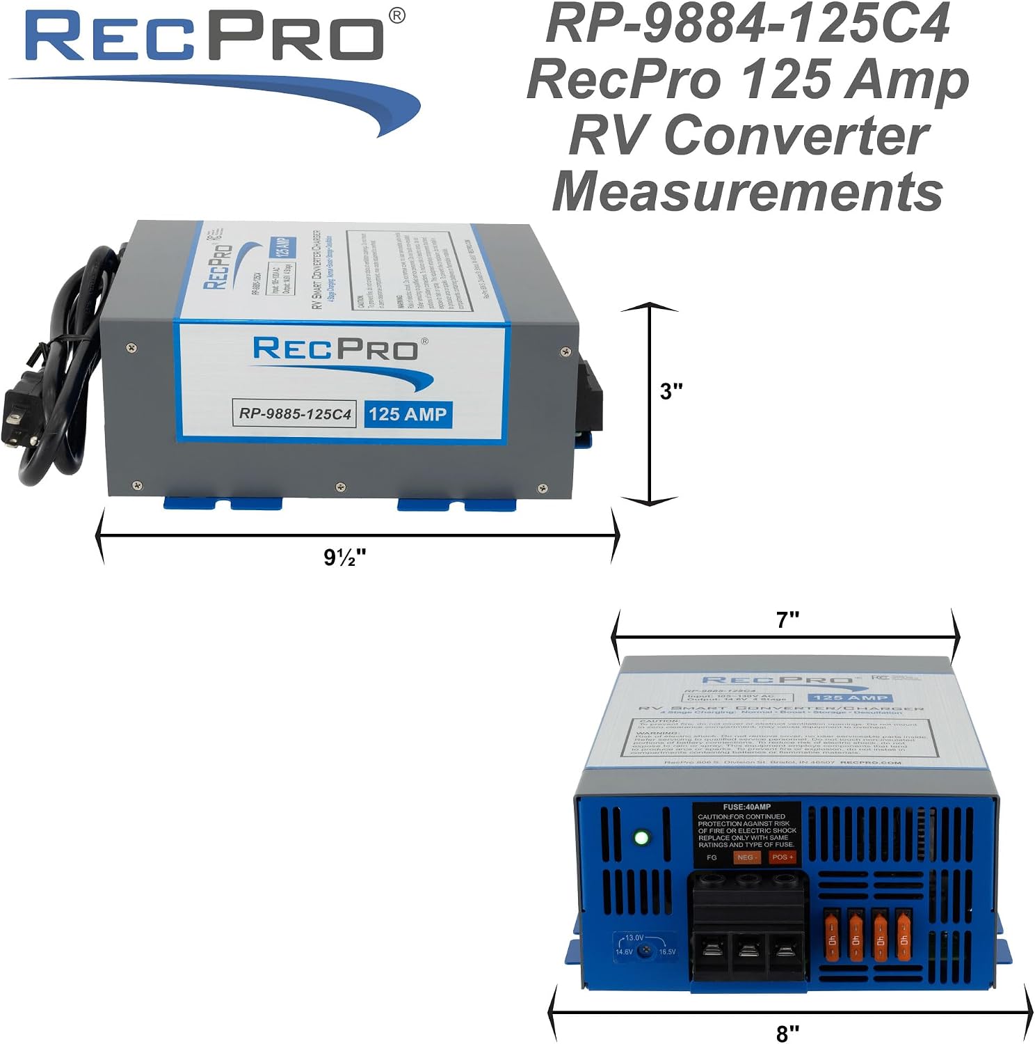RecPro RV Converter 125 Amp | RV Power Converter & Battery Charger | 4 Stage Smart Charging | 120VAC to 12VDC | 13V to 16.5V Operating Range