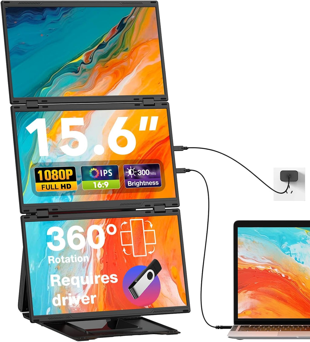 Quad Laptop Screen Extender, 15.6' FHD 1080P Quad Monitor, Combine into One 30' Screen (Landscape/Portrait), Just 1 Cable for 3 Screens, Driver Required, Compatible with Wins & Mac(M1/M2/ M3/M4/M5)