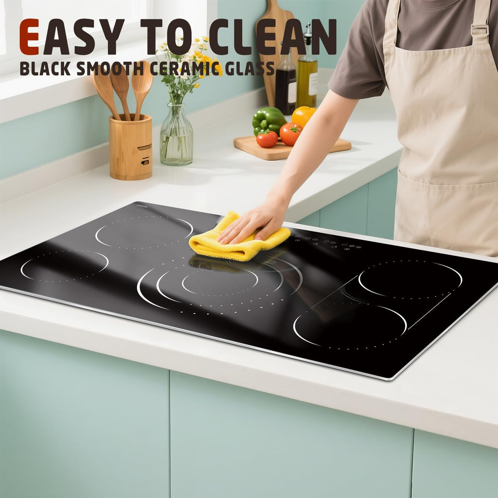 Hobsir Electric Cooktop 36 Inch, Electric Stove Top Burner, 5 Burners 36 Cooktop, 9600W Drop-in Ceramic Stove with Glass Metal Frame, Triple Ring, Flex Zone, 220-240V, Hard Wired (No Plug)