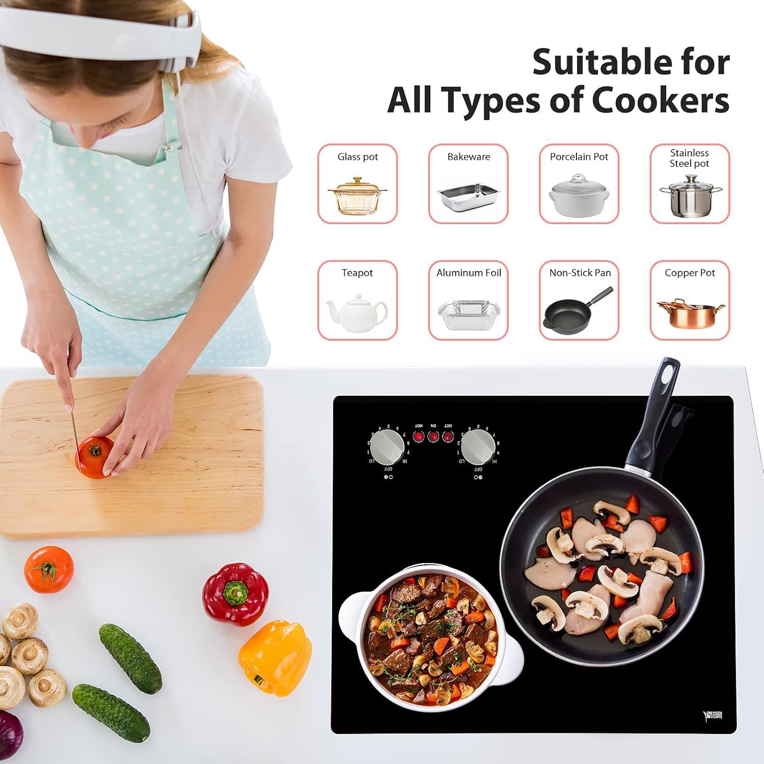 21 Inch 2 Burners Electric Cooktop 3700W Apartment Electric Stove Top Double Radiant, UL Certified, 9 Heating Level Knob Control, Overheating Protection, 110V-240V Ceramic Glass Cooktop