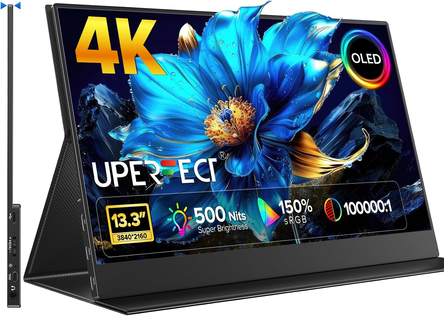 UPERFECT 4K OLED Portable Monitor, 13.3' UHD 3840x2160 Laptop Display, 150% sRGB, 500 Nits, 1ms Response, Ultra-Slim Aluminum Design, Travel Monitor for PC, Phone, Game Console - UColor O Lite