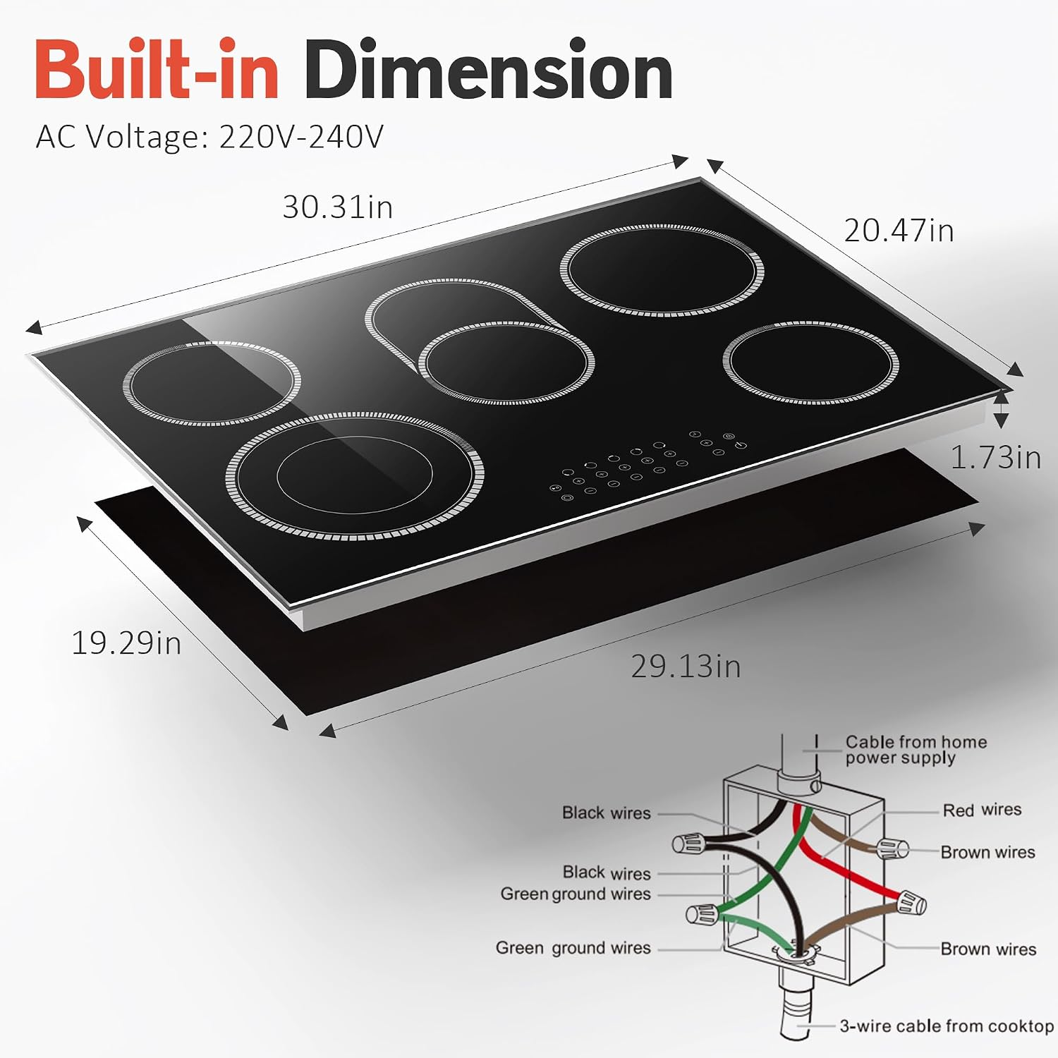 30 Inch Electric Cooktop, 5 Burner Electric Stove Top Touch Control, 8400W Built-in Ceramic Stovetop Burner 30' with Expandable Zone, Child Lock, Timer, Overheat Alert, 220-240v Hardwired