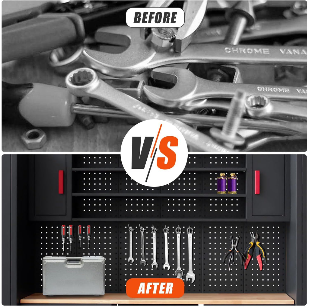 Garage Cabinet Storage System - 9-Piece Workshop Set w/Steel Cabinets & Workbench Includes Rolling Chest & Pegboard Heavy-Duty Black & Red Tool Organization for Garage/Workshop