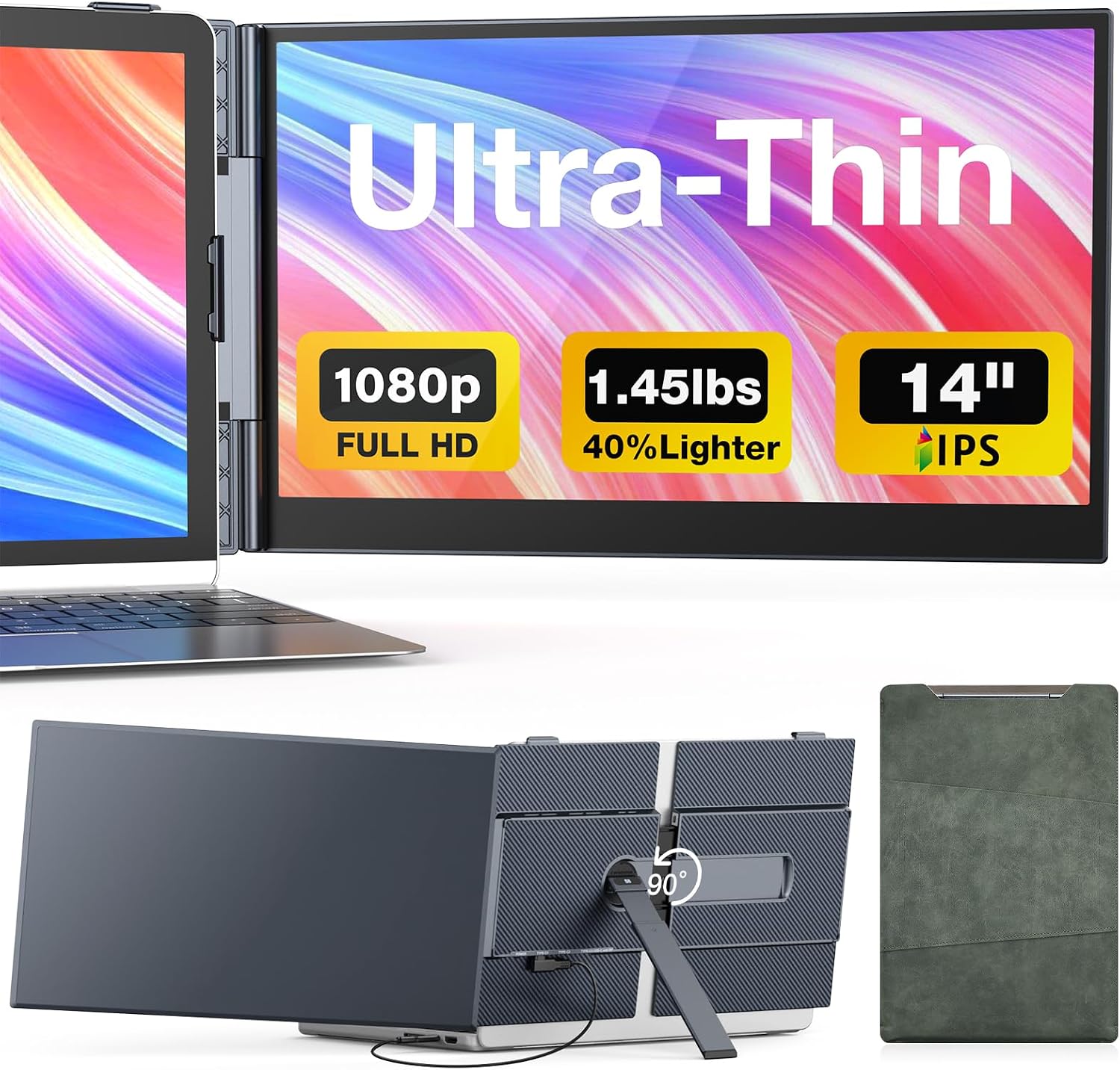 Laptop Screen Extender, 14' Ultra-Thin & Lightweight Portable Monitor, 1080P FHD IPS Second Screen, Plug and Play, Laptop Monitor Extender Compatible for Mac/Win Laptops 13-17 Inch
