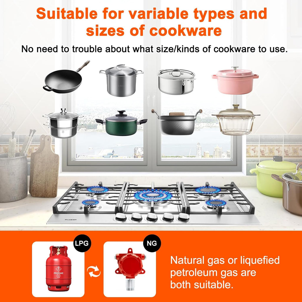 30 Inch Gas Cooktop, 5 Burners Built in Gas Stove Top, NG/LPG Convertible Propane Cooktop, Auto Ignition, Stainless Steel Surface, Cast Iron Grates, Thermocouple Protection, ETL