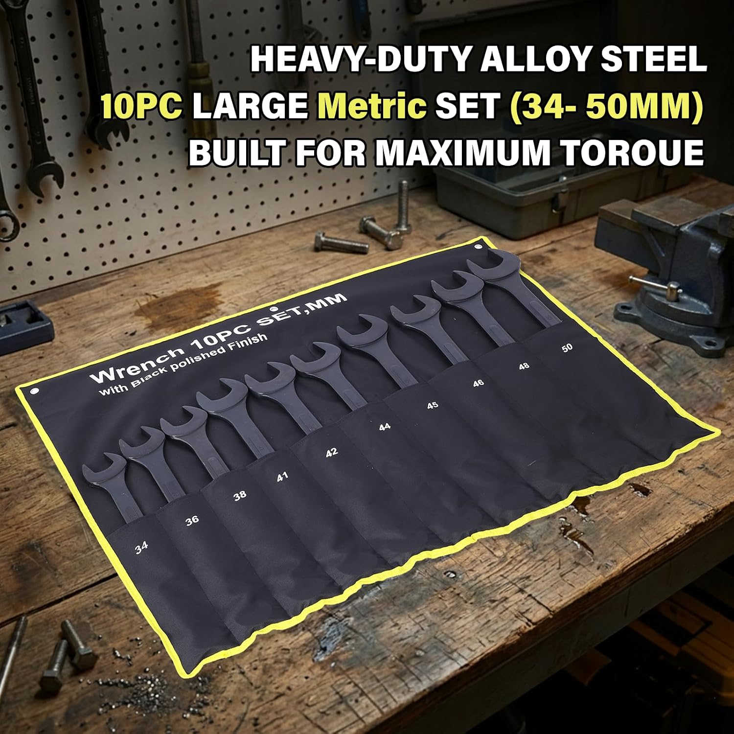 10PC Jumbo Combination Wrench Set, Metric 34–50mm, Heavy-Duty Cr-V Steel, Black Oxide Finish, Extra Large Wrench Kit with Storage Pouch