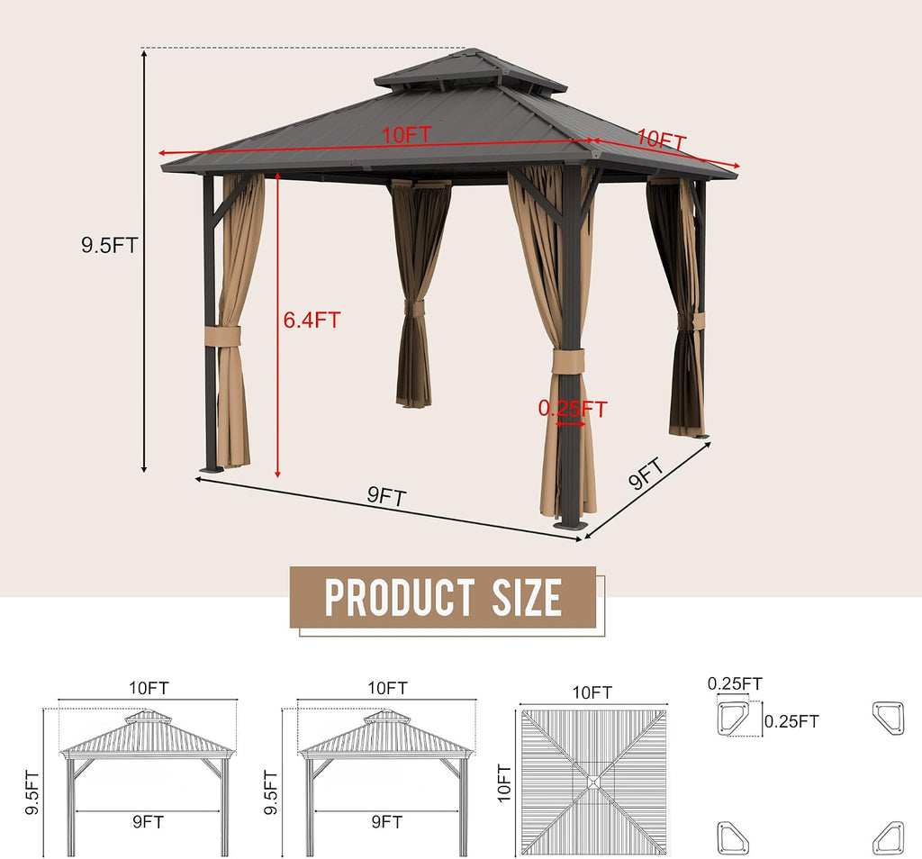 Hardtop Gazebo 10' x 10', Outdoor Aluminum Frame Galvanized Steel Double Roof Pavilion with Netting and Shaded Curtains, Permanent Metal Pergolas for Patio, Backyard, Deck and Lawns.