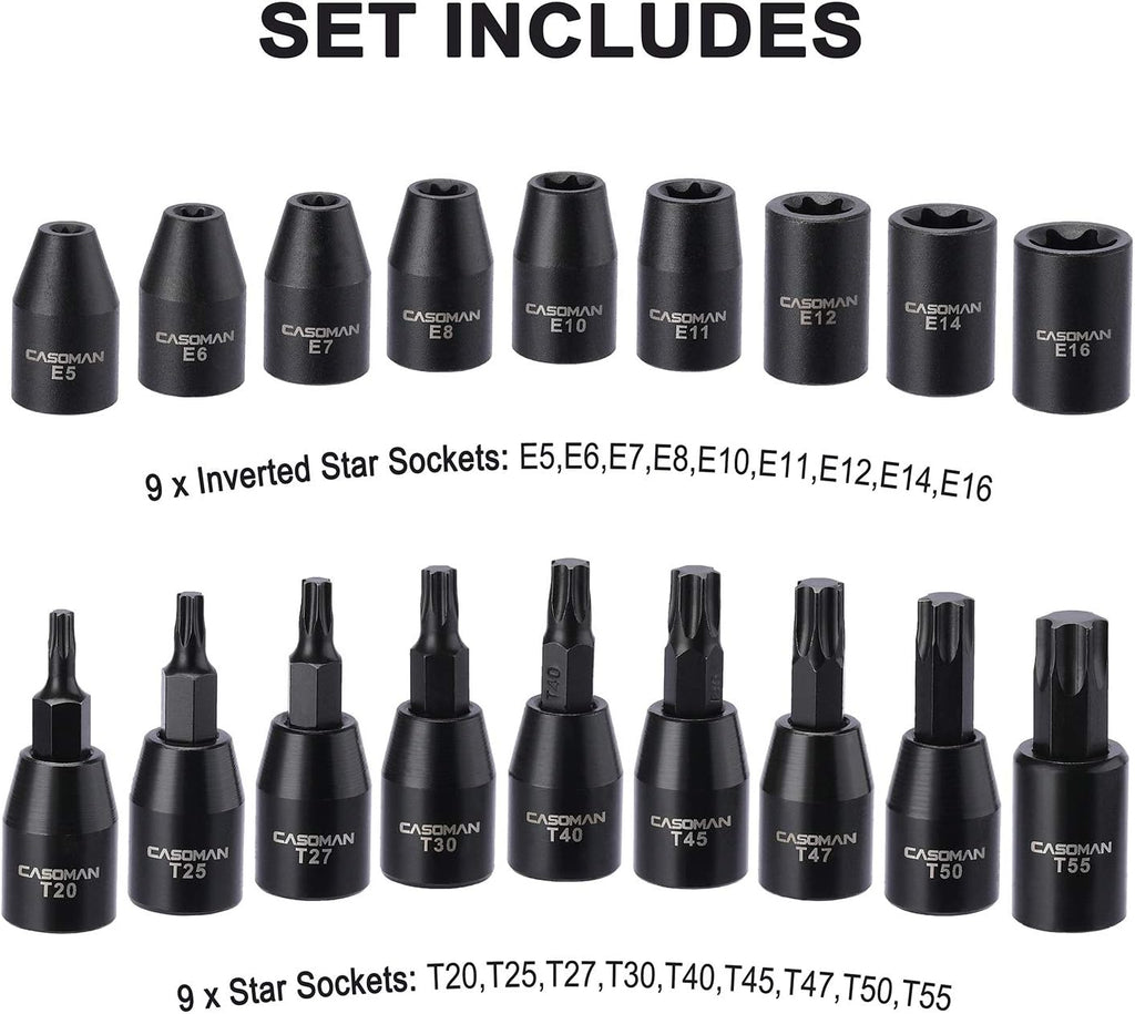 CASOMAN 87PCS 3/8' Drive Master Impact Socket Set, SAE & Metric Standard, Deep, Swivel Sockets,Cr-MO Steel, Includes Star and Inverted Star Socket, Impact Universal Joint, Extension Bars