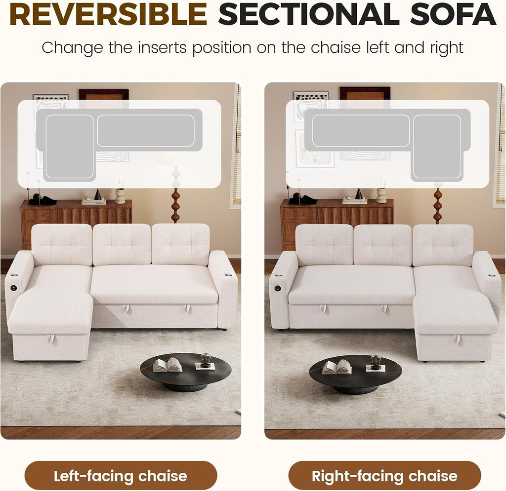 Luxanimarion 83'' Pull Out Sofa Bed, 2 in 1 Convertible Comfy Linen Couch with Storage Chaise & USB Charging, Modular Sleeper Sofa Couches for Living Room Apartment,Beige 1 PCS