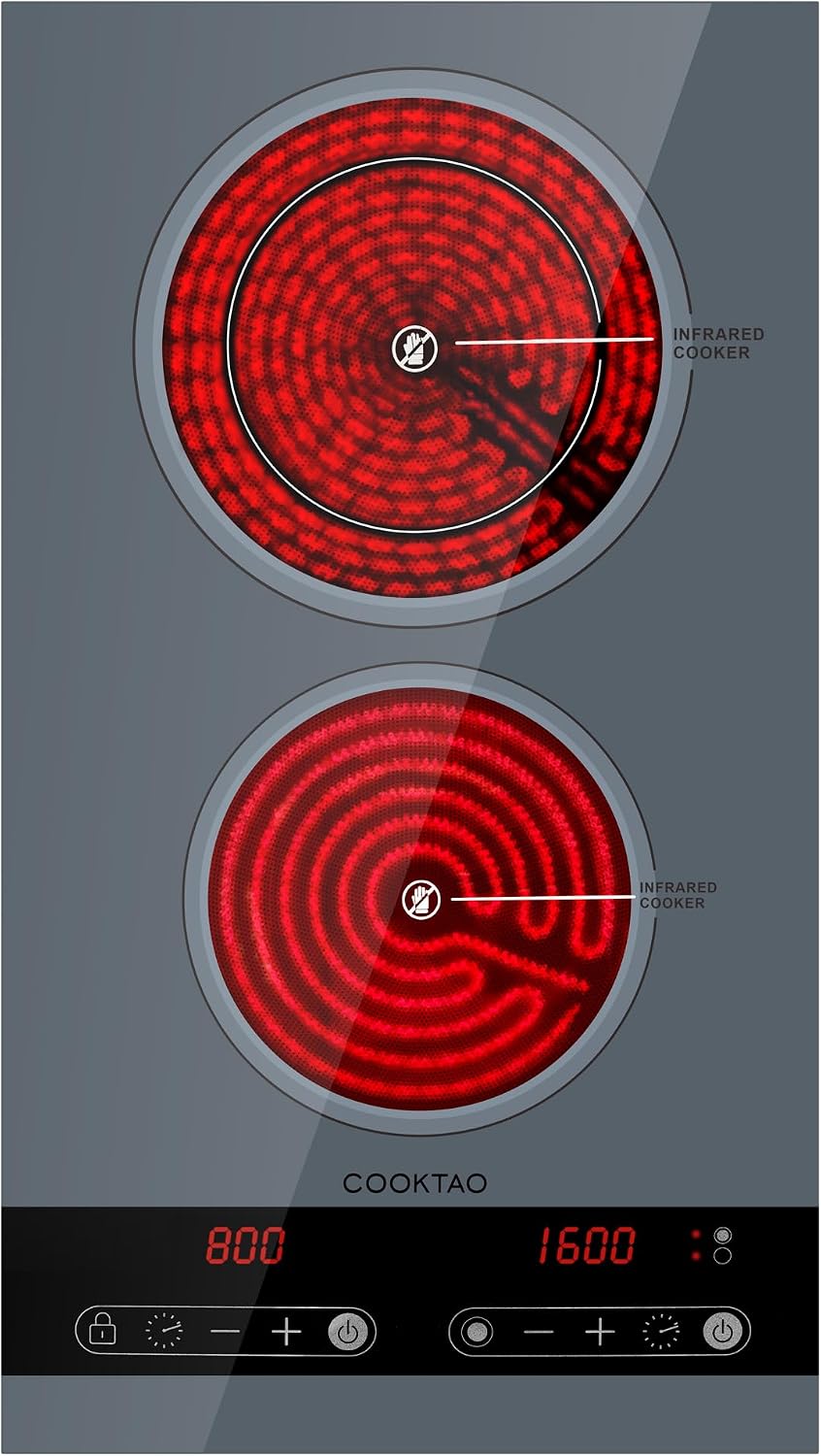 Dual Coil Design of Double Burner Electric Cooktop, 1800W Ceramic Hot Plate for Cooking, Portable Countertop Infrared 2 Burner or 12inch Built-in Radiant Stove Top Cooker, Compatible with All Cookware
