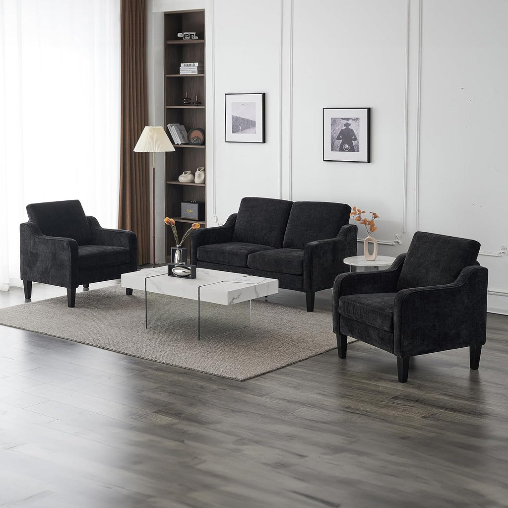 VINGLI Mid-Century Modern Loveseat Sofa Couch, Living Room 53' Love Seat 2 Seater Upholstered Comfy Couches with Scooped Armrest for Small Spaces, Dorm, Bedroom, Apartment, Office (Black)