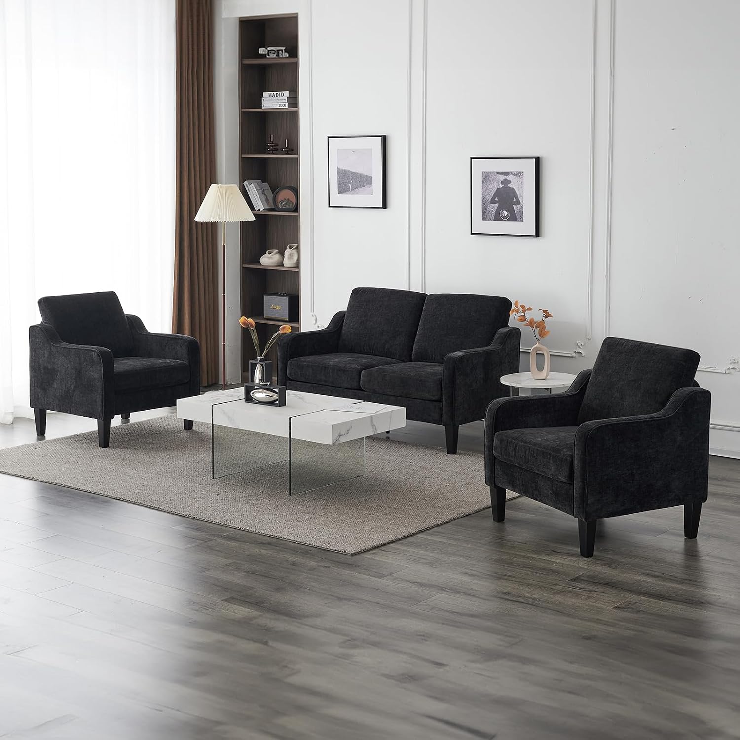 VINGLI Mid-Century Modern Loveseat Sofa Couch, Living Room 53' Love Seat 2 Seater Upholstered Comfy Couches with Scooped Armrest for Small Spaces, Dorm, Bedroom, Apartment, Office (Black)
