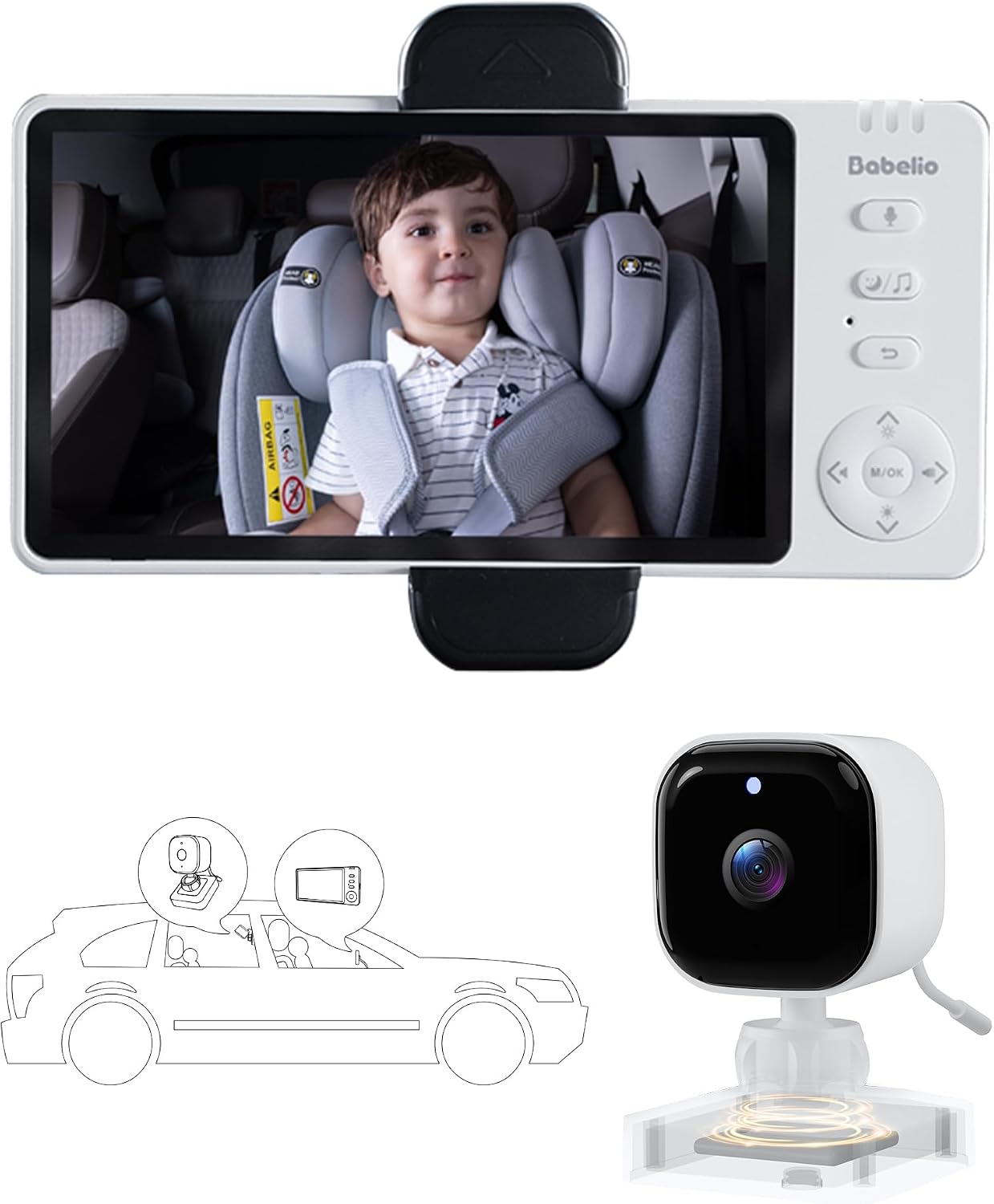 BABELIO Wireless Baby Car Camera with Night Vision, 5' 1080P HD Clear View, 150° Wide-Angle Lens, 360° Rotatable, Easy Install, Black Monitor