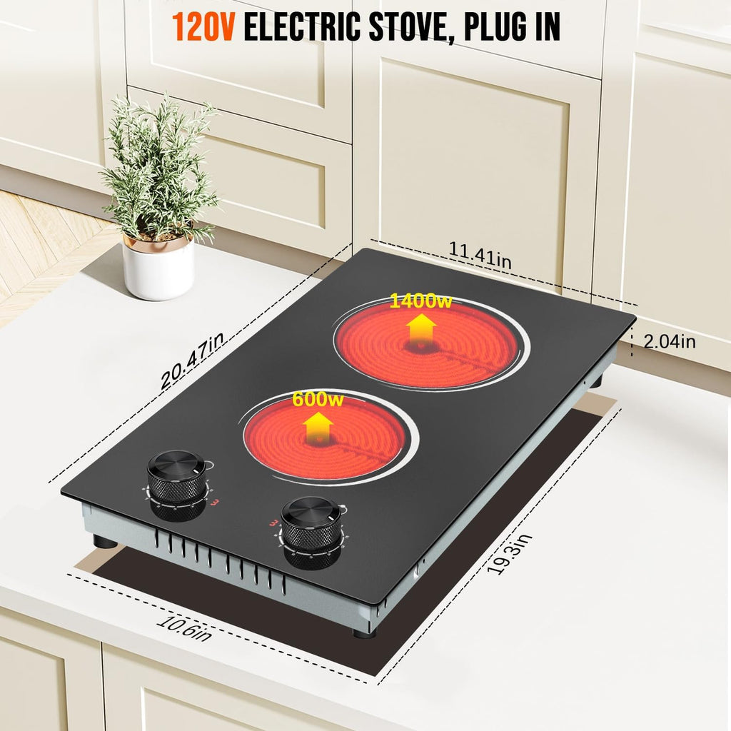 2 Burner Electric Cooktop 110V, 12 Inch Electric Cook Top Plug in, 2000W Electrics Stove with Knob Control, Countertop & Built-in Ceramic Stovetop, 9 Heating Level, Residual Heat Indicator