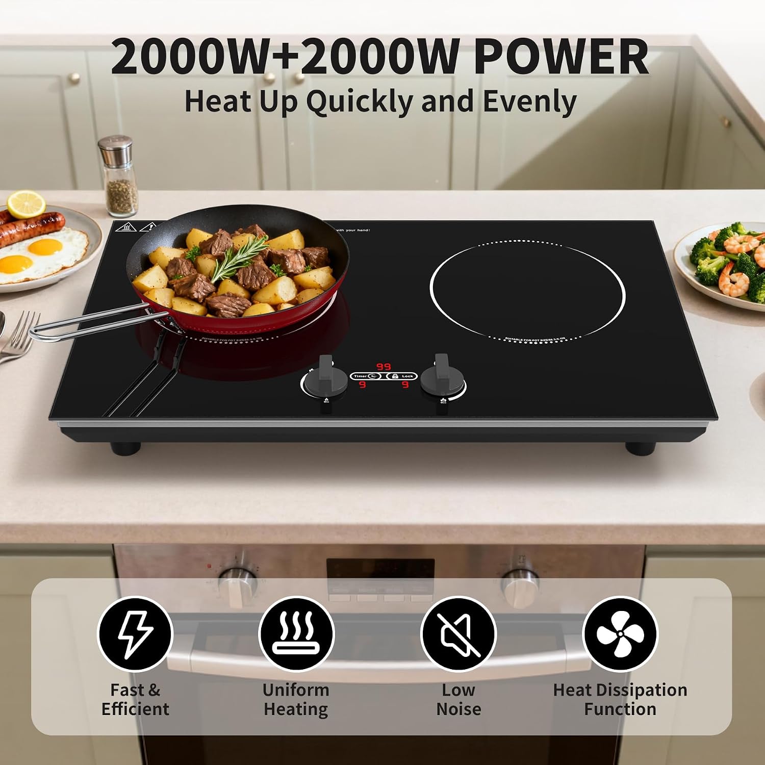 VBGK Induction Cooktop,110V 4000W Countertop burners with Knob Control,9 Power Levels, Kids Lock & Timer,LED touch control,Overheat Protection Electric stove,2 burner induction cooktop