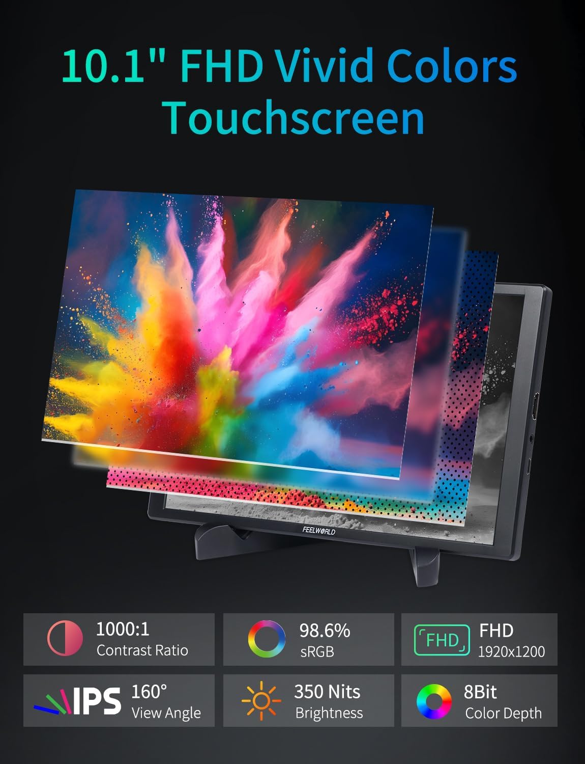 FEELWORLD D10 Touch Screen Portable Monitor,10.1 Inch FHD 1920x1200 HDMI USB-C Second External Monitor for Laptop,Desktop,MacBook,Phones,Tablet,PS5/4,Xbox,Switch,Raspberry Pi Screen with Dual Speake