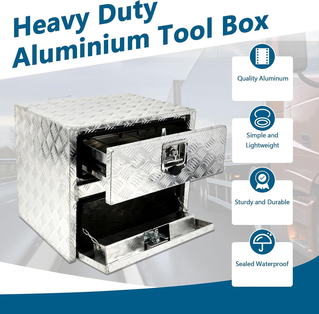 24'' Inch Silver Aluminum Underbody Truck Box w/Drawer & Lock T-Handle Latch Key 24 x 18 x 20 Inch Truck Tool Box Job Box For Storage & Organization