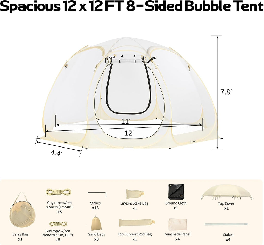 Lenotos Pop Up Bubble Tent, 12 x 12 FT Instant Igloo Tent Suitable for 8-10 People, Screen House for Patios, Cold